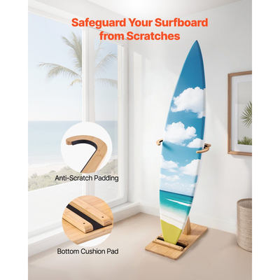VEVOR Κάθετη Βάση για Σανίδες του Σερφ, Ξύλινη Βάση για Αποθήκευση και Επίδειξη, Ρυθμιζόμενη & Ελεύθερη Βάση Οργάνωσης Σανίδων με Επένδυση, για Wakeboards, Snowboards, Kiteboards, Shortboards, Σκι