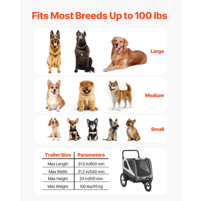 Τρέιλερ ποδηλάτου για σκύλους VEVOR, Υποστηρίζει έως 45 κιλά, Καρότσι κατοικίδιων 2 σε 1, Μεταφορά ποδηλάτων για μικρά και μεγάλα σκυλιά, Εύκολο πτυσσόμενο πλαίσιο με τροχό γρήγορης απελευθέρωσης, Ζεύκτης ποδηλάτου γενικής χρήσης, Εσωτερικό λουρί