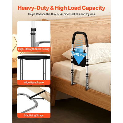VEVOR Ράγα κρεβατιού για ηλικιωμένους, Ράγες υποβοήθησης κομοδίνου με χειρολισθήρα PU, Ρυθμιζόμενο ύψος για μπαστούνι κομοδίνου, Ράβδοι κρεβατιού από ανθρακούχο χάλυβα υψηλής αντοχής για ηλικιωμένους και ασθενείς, Ταιριάζει σε κρεβάτια King, Queen, Full, Twin