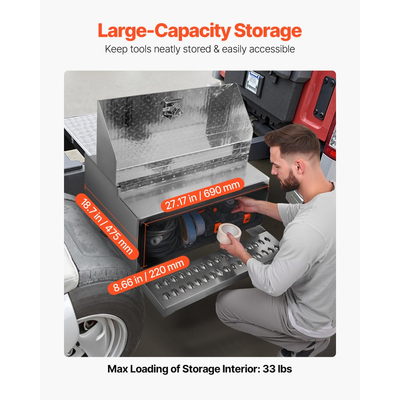 Εργαλειοθήκη σκαλοπατιών VEVOR για ημιφορτηγά, Εργαλειοθήκη βαρέως τύπου αλουμινίου με διαμαντένια πλάκα 760 x 750 x 400 mm, Αδιάβροχο κουτί αποθήκευσης σκαλοπατιών εισόδου καμπίνας με κλειδαριά λαβής T και κλειδιά για φορτηγά με επίπεδη πλατφόρμα, γερανούς και ημιφορτηγά