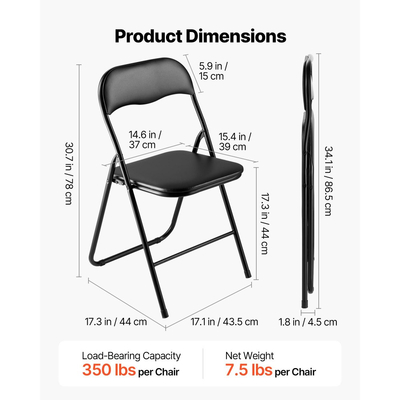 Πακέτο 4 πτυσσόμενων καρεκλών VEVOR, πτυσσόμενες δερμάτινες καρέκλες με μεταλλικό σκελετό βαρέως τύπου και επενδεδυμένο μαξιλάρι, φορητές πτυσσόμενες καρέκλες τραπεζιού με κάρτες, στοιβαζόμενα καθίσματα για σπίτι, αυλή, κήπο, πάρτι, εκδηλώσεις, μαύρο