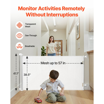 Πτυσσόμενη Πόρτα Μωρού VEVOR, Εκτείνεται σε Πλάτος 1450 mm, Ύψος 980 mm, με Κλειδαριά Ασφαλείας, Εύκολη στη Χρήση, Διαμπερής Χωρίς Σκοντάφτισμα, Πόρτα Σκύλου από Πλέγμα για Σκάλες, Διάδρομοι, Εσωτερικού/Εξωτερικού Χώρου, Λευκή