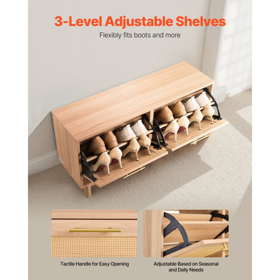 Πάγκος Παπουτσιών VEVOR Εισόδου, Πάγκος Παπουτσιών 1000 x 300 x 530 mm σε σχήμα Ρατάν με 2 αναδιπλούμενα συρτάρια, Ράφι Αποθήκευσης Παπουτσιών 300 λίβρες με 4 διαμερίσματα και 2 πόρτες από Ρατάν, για Διάδρομο, Σαλόνι, Υπνοδωμάτιο