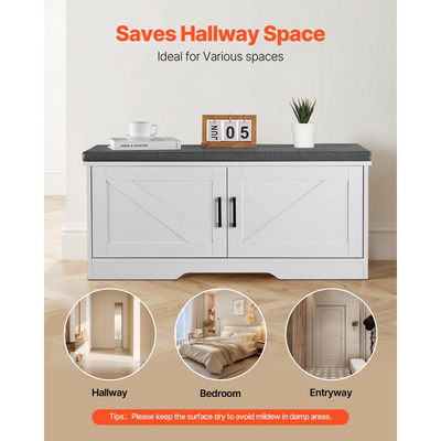 Πάγκος αποθήκευσης παπουτσιών VEVOR, Οργανωτής παπουτσιών 1000 x 355 x 460 mm με επενδεδυμένο μαξιλάρι καθίσματος, Πάγκος εισόδου με 2 πόρτες αχυρώνα και ράφι ρυθμιζόμενου ύψους, για διάδρομο, σαλόνι, υπνοδωμάτιο, λευκό + μαύρο