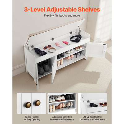 Πάγκος Παπουτσιών VEVOR, Πάγκος Εισόδου 1050 x 350 x 503 mm με Ανυψούμενη Αποθήκευση και Μαξιλάρι Καθίσματος, Ράφι Αποθήκευσης Παπουτσιών 250 λίβρες με 3 Ντουλάπια και Ράφι Ρυθμιζόμενου Ύψους, για Υπνοδωμάτιο, Διάδρομο, Λευκό + Μαύρο