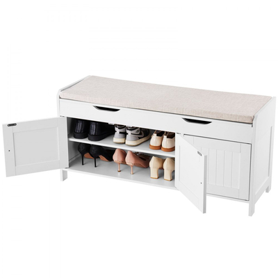 Πάγκος Παπουτσιών VEVOR, Πάγκος Εισόδου 1050 x 350 x 503 mm με Ανυψούμενη Αποθήκευση και Μαξιλάρι Καθίσματος, Ράφι Αποθήκευσης Παπουτσιών 250 λίβρες με 3 Ντουλάπια και Ράφι Ρυθμιζόμενου Ύψους, για Υπνοδωμάτιο, Διάδρομο, Λευκό + Μαύρο