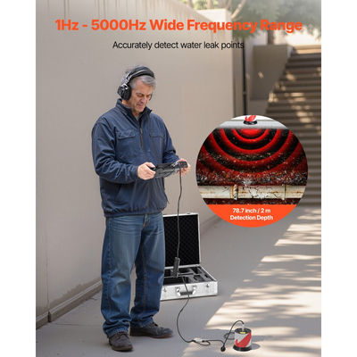 Ανιχνευτής διαρροών νερού VEVOR, 1Hz-5000Hz, LCD οθόνη αφής, εντοπιστής διαρροών αγωγών για υπόγειες υδραυλικές εγκαταστάσεις 2 μέτρων – με αισθητήρα, 3 ακρόαση, ακουστικά, κάρτα 8GB και θήκη μεταφοράς