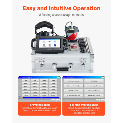 Ανιχνευτής διαρροών νερού VEVOR, 1Hz-5000Hz, LCD οθόνη αφής, εντοπιστής διαρροών αγωγών για υπόγειες υδραυλικές εγκαταστάσεις 2 μέτρων – με αισθητήρα, 3 ακρόαση, ακουστικά, κάρτα 8GB και θήκη μεταφοράς