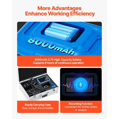 Ανιχνευτής διαρροών νερού VEVOR για εξωτερικούς χώρους, 1Hz-10000Hz, Εντοπιστής διαρροών με οθόνη αφής LCD για υπόγειες υδραυλικές εγκαταστάσεις 5 μέτρων - με μεσαίο και μεγάλο αισθητήρα, 3 ακρόαση, ακουστικά και θήκη