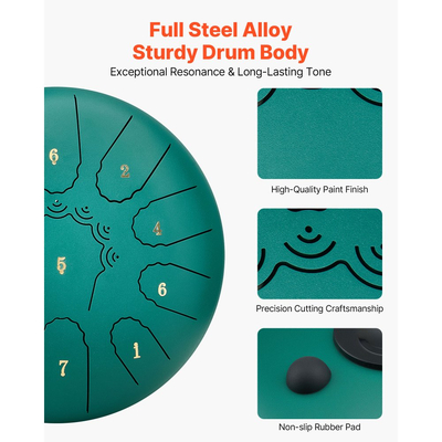 VEVOR Ατσάλινο Τύμπανο με Γλώσσα, 25,4cm 11 Νότες Τύμπανο Βροχής για Εξωτερικό Κήπο, Μουσικά Τύμπανα σε Ντο Μείζονα με Βιβλίο Μουσικής & Σφυράκια, Κρουστά Όργανα για Διαλογισμό Γιόγκα για Αρχάριους, Πράσινο
