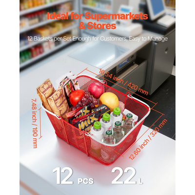 Καλάθια αγορών VEVOR, 12 τεμάχια, Μεταλλικά καλάθια παντοπωλείου 22 λίτρων με στοίβες και λαβές, Πυκνή δομή πλέγματος, Χωρητικότητα έως 20 κιλά, Φορητά για παντοπωλεία, Λιανική πώληση, Καταστήματα, Σούπερ μάρκετ, Βιβλιοπωλείο, Οικιακή χρήση, Κόκκινο