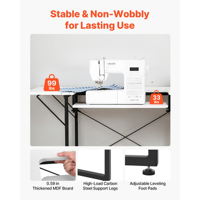 Τραπέζι Ραπτικής VEVOR, Τραπέζι Ραπτομηχανής Πολλαπλών Χρήσεων με Πτυσσόμενο Πλαϊνό Ράφι, Ρυθμιζόμενο Ράφι, Ατσάλινα Πόδια, Γραφείο Υπολογιστή για το Σπίτι, Στούντιο Μόδας, Στούντιο Τέχνης, Εκπαιδευτικό Ίδρυμα, Λευκό