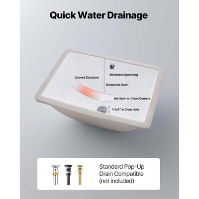 Νιπτήρας μπάνιου VEVOR Υποστηριζόμενος, Ορθογώνιος λευκός κεραμικός νιπτήρας 460 x 330 mm με οπή υπερχείλισης, Μοντέρνος νιπτήρας μπάνιου με δυνατότητα τοποθέτησης κάτω από τον πάγκο, Ορθογώνιος για μικρό χώρο
