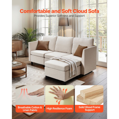 Καναπές VEVOR Modular, Τριθέσιος καναπές με κρυφό αποθηκευτικό χώρο, Καναπές Cloud με σκαμπό και σφουγγάρι υψηλής αναπήδησης, Καναπές με ταπετσαρία από μασίφ ξύλο για σαλόνι, υπνοδωμάτιο, μπεζ