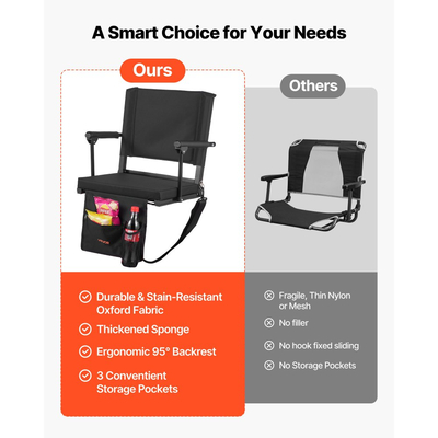 Κάθισμα Σταδίου VEVOR, Φορητό Κάθισμα Κερκέδας με Υποβραχιόνιο, Στήριγμα Πλάτης και Χοντρό Μαξιλάρι, Πολυθρόνα Πάγκου για Κερκέδα που Περιλαμβάνει Ιμάντα Ώμου, Γάντζους, Θήκη Ποτηριού, Μαύρα Καθίσματα Κερκέδας Ποδοσφαίρου, 2 Τεμάχια