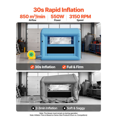 Φουσκωτός θάλαμος βαφής VEVOR, 3 x 2,5 x 2,5 m, Φουσκωτός θάλαμος ψεκασμού με ισχυρό φυσητήρα 550W και σύστημα φίλτρου αέρα, Στρογγυλή οροφή με γάντζο φωτισμού, για βαφή ποδηλάτων, μοτοσικλετών και επίπλων