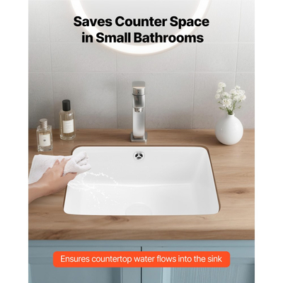 Νιπτήρας μπάνιου VEVOR Υποστηριζόμενος, Ορθογώνιος λευκός κεραμικός νιπτήρας 400 x 305 mm με οπή υπερχείλισης, Μοντέρνος νιπτήρας μπάνιου με δυνατότητα τοποθέτησης κάτω από τον πάγκο, Ορθογώνιος για μικρό χώρο