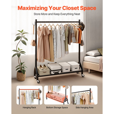 Ράφι ρούχων VEVOR, Ράφι ρούχων με κρεμαστή ράβδο και πλαϊνούς γάντζους, Χωρητικότητα φορτίου 90 kg, Ράφι ρούχων από ανθρακούχο χάλυβα βαρέως τύπου με ρόδες, Ιδανικό για υπνοδωμάτιο, πλυντήριο, σαλόνι