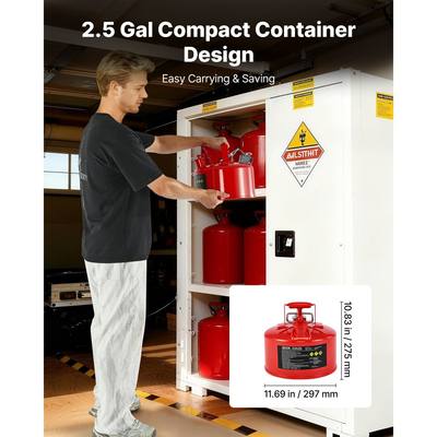 Δοχείο αερίου ασφαλείας VEVOR, κόκκινο δοχείο ασφαλείας βενζίνης 9,5 λίτρων τύπου II με φλογοπαγίδα από ανοξείδωτο ατσάλι, αυτοκλειόμενο καπάκι και εύκαμπτο μεταλλικό στόμιο, εύφλεκτη αποθήκευση από ανθρακούχο χάλυβα με εργονομική λαβή