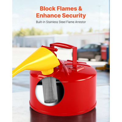 Δοχείο αερίου ασφαλείας VEVOR, κόκκινο δοχείο ασφαλείας βενζίνης 9,5 λίτρων τύπου Ι με φλογοπαγίδα από ανοξείδωτο ατσάλι, αυτοκλειόμενο καπάκι και χωνί PE, εύφλεκτο δοχείο αποθήκευσης από ανθρακούχο χάλυβα με εργονομική λαβή