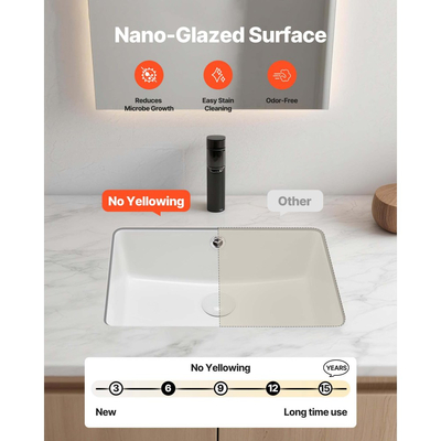 Νιπτήρας μπάνιου VEVOR Υποστηριζόμενος, Ορθογώνιος λευκός κεραμικός νιπτήρας 470 x 335 mm με οπή υπερχείλισης, Μοντέρνος νιπτήρας μπάνιου με δυνατότητα τοποθέτησης κάτω από τον πάγκο, Ορθογώνιος για μικρό χώρο