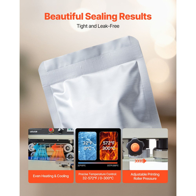 Μηχανή συνεχούς σφράγισης ταινιών σακουλών VEVOR, πλάτος σφράγισης 6-12 mm, μηχανή κάθετης σφράγισης ταινιών με εκτύπωση κυλίνδρου, ρυθμιζόμενη θερμοκρασία και ταχύτητα, μηχανή θερμικής σφράγισης για πλαστικές σακούλες 0,03-0,8 mm