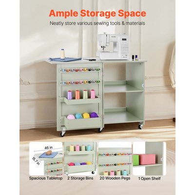 Πτυσσόμενο τραπέζι ραπτικής VEVOR, τραπέζι πολλαπλών χρήσεων ραπτομηχανής με συμπαγή σχεδιασμό, ρόδες, ξύλινα μανταλάκια, δίσκους αποθήκευσης και ράφι, μαγνητική κλειδαριά πόρτας, σταθμός χειροτεχνίας και βοηθητικό γραφείο για το σπίτι, ανοιχτό πράσινο