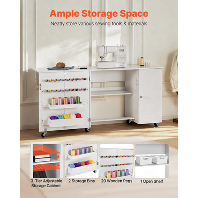 Πτυσσόμενο τραπέζι ραπτικής VEVOR, τραπέζι πολλαπλών χρήσεων ραπτομηχανής με ντουλάπι, συμπαγής σχεδιασμός, ρόδες, ξύλινα μανταλάκια, δίσκοι αποθήκευσης και ράφι, μαγνητική πόρτα, σταθμός χειροτεχνίας και βοηθητικό γραφείο για το σπίτι, λευκό