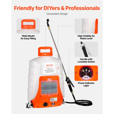 Ψεκαστήρας πλάτης με μπαταρία VEVOR, ηλεκτρικός ψεκαστήρας γκαζόν 16 λίτρων με 8 ακροφύσια και 2 τηλεσκοπικές ράβδους, ρυθμιζόμενη πίεση 90PSI, χρόνος λειτουργίας 4-6 ώρες, ψεκαστήρες αυλής για γκαζόν και κήπο