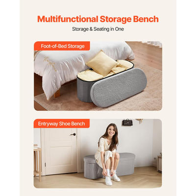 Οβάλ πάγκος οθωμανικής αποθήκευσης VEVOR, πτυσσόμενος πάγκος κρεβατιού από φλις αρκουδάκι, πτυσσόμενο συρτάρι οθωμανικής με ταπετσαρία για κρεβάτι με μεγάλο αποθηκευτικό χώρο, υποστηρίζει 660 λίβρες, για σαλόνι, υπνοδωμάτιο, είσοδο, γκρι