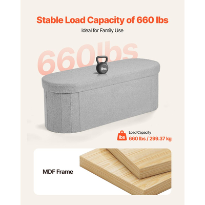 Οβάλ πάγκος οθωμανικής αποθήκευσης VEVOR, πτυσσόμενος πάγκος κρεβατιού από φλις αρκουδάκι, πτυσσόμενο συρτάρι οθωμανικής με ταπετσαρία για κρεβάτι με μεγάλο αποθηκευτικό χώρο, υποστηρίζει 660 λίβρες, για σαλόνι, υπνοδωμάτιο, είσοδο, γκρι