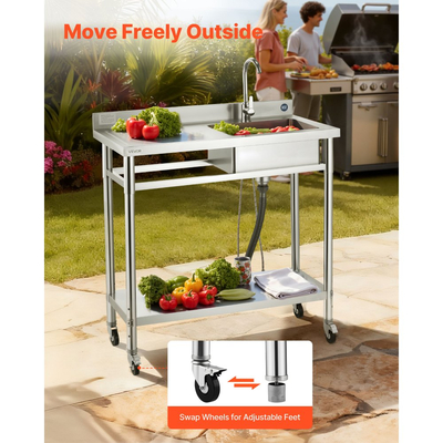Νιπτήρας κουζίνας VEVOR από ανοξείδωτο χάλυβα, κυλιόμενος μονός μπολ επαγγελματικής κουζίνας με ρόδες, βρύση και σωλήνα ζεστού και κρύου νερού, πάγκος εργασίας νιπτήρα για πλυντήριο ρούχων εστιατορίου γκαράζ 1000 x 500 x 1055mm