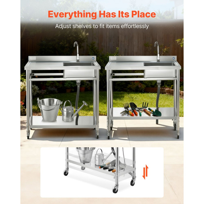 Νιπτήρας κουζίνας VEVOR από ανοξείδωτο χάλυβα, κυλιόμενος μονός μπολ επαγγελματικής κουζίνας με ρόδες, βρύση και σωλήνα ζεστού και κρύου νερού, πάγκος εργασίας νιπτήρα για πλυντήριο ρούχων εστιατορίου γκαράζ 1000 x 500 x 1055mm