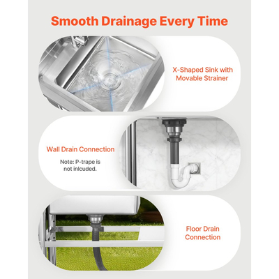 Νεροχύτης κουζίνας VEVOR από ανοξείδωτο χάλυβα, ελεύθερος επαγγελματικός νεροχύτης κουζίνας με μία λεκάνη, βρύση και σωλήνα ζεστού και κρύου νερού, διπλά ράφια αποθήκευσης για γκαράζ, εστιατόριο, πλυντήριο, 1200 x 500 x 940 mm