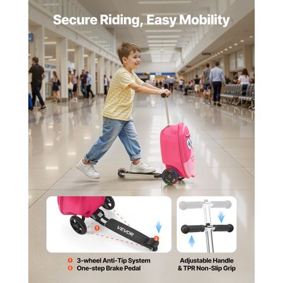 Βαλίτσα VEVOR Ride-on, χωρητικότητας 20 λίτρων, παιδική βαλίτσα σκούτερ 20 ιντσών με τροχούς Flash PU, ρυθμιζόμενη λαβή και αντιολισθητική λαβή TPR, πτυσσόμενη και ελαφριά βαλίτσα σκούτερ για παιδιά ηλικίας 5+ ετών, ροζ