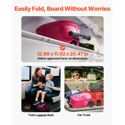 Βαλίτσα VEVOR Ride-on, χωρητικότητας 20 λίτρων, παιδική βαλίτσα σκούτερ 20 ιντσών με τροχούς Flash PU, ρυθμιζόμενη λαβή και αντιολισθητική λαβή TPR, πτυσσόμενη και ελαφριά βαλίτσα σκούτερ για παιδιά ηλικίας 5+ ετών, ροζ