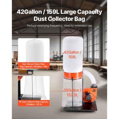 Συλλέκτης σκόνης VEVOR, Συλλέκτες σκόνης κώνου Vortex 1200 CFM 2,5 Micron, Σύστημα συλλογής πριονιδιού 2,0HP με σακούλα συλλογής σκόνης 132,5L & σακούλα φίλτρου 159L, υψηλής ταχύτητας 2800 RPM, για ξυλουργική
