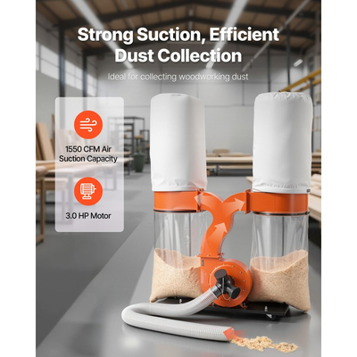 Συλλέκτης σκόνης VEVOR, Συλλέκτες σκόνης κώνου Vortex 1550 CFM 2,5 Micron, Σύστημα συλλογής πριονιδιού 3,0HP με δύο σακούλες συλλογής σκόνης 132,5L & δύο σακούλες φίλτρου 159L, 2800 RPM, μη υφασμένο ύφασμα