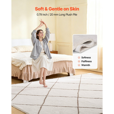 Χαλιά εσωτερικού χώρου VEVOR με βελούδινο πέλος, βελούδινο χαλί 2,44 x 3,05μ, Χαλιά περιοχής με γούνινο πέλος και μακρύ πέλος, Χοντρό και ανθεκτικό χαλί με ψηλό πέλος για χώρους με υψηλή κυκλοφορία, Υπνοδωμάτιο, Αντιολισθητικό υπόστρωμα, Μπεζ