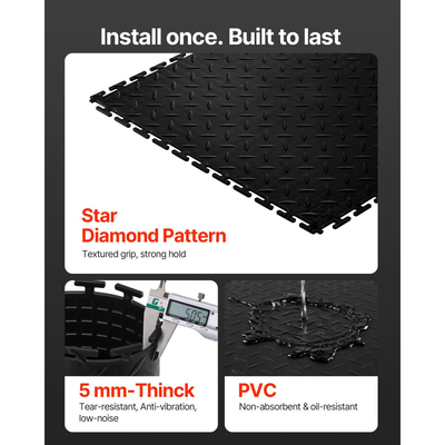 Πλακάκια δαπέδου γκαράζ VEVOR με αλληλοσύνδεση, Συσκευασία 16 τεμαχίων, 513 x 513 x 5 mm, Πλακάκια δαπέδου γκαράζ με αλληλοσύνδεση, αντιολισθητικά χαλάκια PVC με διαμαντένια πλάκα για εργαστήριο, αποθήκη, χώρο εργαλείων, μαύρο