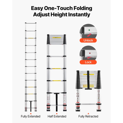 Τηλεσκοπική σκάλα VEVOR 3,8 μ., Ελαφριά, Πολλαπλών Χρήσεων, Πτυσσόμενη Επέκταση από Αλουμίνιο, Σκάλα με Ένα Άγγιγμα για Ανάσυρση, Βαρέως Τύπου Μέγιστη Χωρητικότητα 150 κιλών με Αντιολισθητικά Πόδια, Για Σπίτι, Εξωτερική Εργασία, Πατάρι