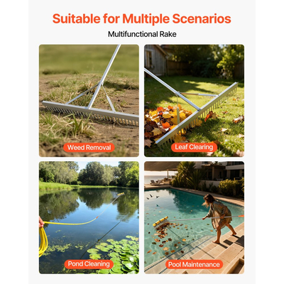 Τσουγκράνα τοπίου VEVOR, Κεφαλή πλάτους 914 mm, λαβή 3380 mm, Μεγάλο εργαλείο τσουγκράνας φύλλων αλουμινίου βαρέως τύπου, Επίπεδο ασφάλτου για χαλάρωση εδάφους, Κήπος & Αυλή, Φροντίδα γκαζόν για χαλίκια, λίμνες & παραλία, Σχοινί 15,8 m