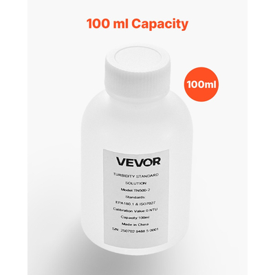Διάλυμα βαθμονόμησης θολότητας VEVOR, 0 NTU, Χωρητικότητα 100 ml, Τυπικό ανταλλακτικό διαλύματος θολότητας για θολόμετρο, Μηδενική απόκλιση για σταθερή συγκέντρωση, Έτοιμο προς χρήση, για λευκό και κόκκινο φως
