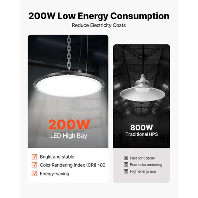 VEVOR 10 τεμάχια LED High Bay Lights, 5000K 200W 30000LM Super Bright UFO LED Warehouse Shop Lights, IP65 Αδιάβροχο, 100-277V Ευρεία τάση για αποθήκη, εργαστήριο, εργοστάσιο, γυμναστήριο, γκαράζ, αχυρώνα, μαύρο