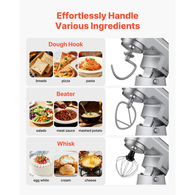 Μίξερ βάσης VEVOR, ηλεκτρικό μίξερ κουζίνας 5,7 L, μίξερ ζύμης 1500W, μίξερ τροφίμων με ανακλινόμενη κεφαλή 10 ταχυτήτων με μπολ από ανοξείδωτο ατσάλι, γάντζο ζύμης, σύρμα, αναδευτήρα, για ψήσιμο, ανάμειξη, χτύπημα και ζύμωμα, ασημί