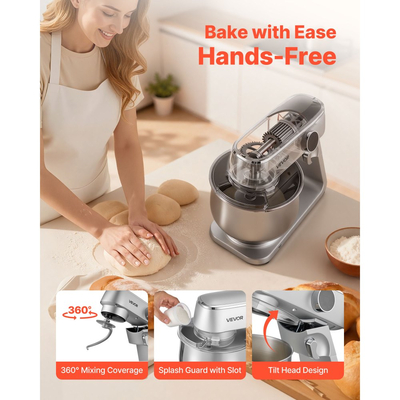 Μίξερ βάσης VEVOR, ηλεκτρικό μίξερ κουζίνας 7,4 L, μίξερ ζύμης 1800W, μίξερ τροφίμων με ανακλινόμενη κεφαλή 10 ταχυτήτων με μπολ από ανοξείδωτο ατσάλι, γάντζο ζύμης, σύρμα, αναδευτήρα, για ψήσιμο, ανάμειξη, χτύπημα και ζύμωμα, ασημί