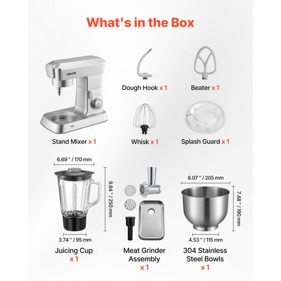 Μίξερ βάσης VEVOR, ηλεκτρικό μίξερ κουζίνας 4,3 L, μίξερ ζύμης 1300W, 6+ ταχύτητες P, ανακλινόμενο μίξερ τροφίμων με κύπελλο μπλέντερ 1,5 L, μπολ από ανοξείδωτο ατσάλι, γάντζος ζύμης, σύρμα, αναδευτήρας, για ψήσιμο, ανάμειξη, ασημί