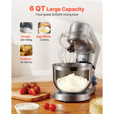 Μίξερ βάσης VEVOR, ηλεκτρικό μίξερ κουζίνας 6 λίτρων, μίξερ ζύμης 1500W, μίξερ τροφίμων με ανακλινόμενη κεφαλή 6+P ταχυτήτων με κύπελλο μπλέντερ 1,5 λίτρων, μπολ από ανοξείδωτο ατσάλι, γάντζος ζύμης, σύρμα, αναδευτήρας, για ψήσιμο, ανάμειξη, ασημί