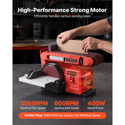 Τριβείο δίσκου VEVOR 152,4 mm &amp; Ταινιολειαντήρας 101,6 mm x 914,4 mm, Επαγγελματικός συνδυασμός τριψίματος με ταινία δίσκου 400W με ρυθμιζόμενο τραπέζι εργασίας 0 - 45°, θύρα συλλογής σκόνης για ξυλουργική και κατασκευές DIY