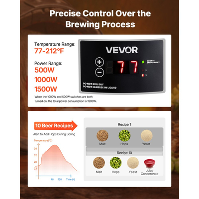 Ηλεκτρικό σύστημα ζυθοποίησης VEVOR, οικιακή μηχανή ζυθοποίησης μπύρας 8 γαλονιών/30 λίτρων, σώμα από ανοξείδωτο ατσάλι 304, συσκευή βρασμού με ενσωματωμένο εσωτερικό βαρέλι και ενισχυμένη λαβή, θερμοκρασία 25-100℃